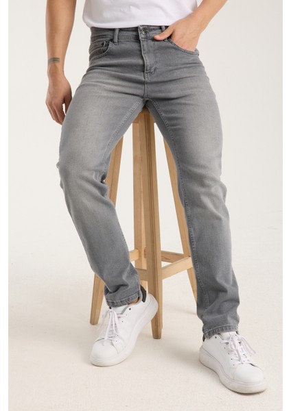 Erkek Pantolon Gri Regular Fit Fermuarlı Jeans