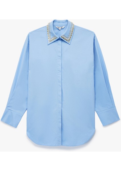 x Melis Ağazat - Uzun Kollu Yakası Taş Detaylı Oversize Poplin Gömlek