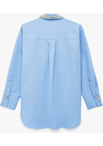 x Melis Ağazat - Uzun Kollu Yakası Taş Detaylı Oversize Poplin Gömlek fiyatları