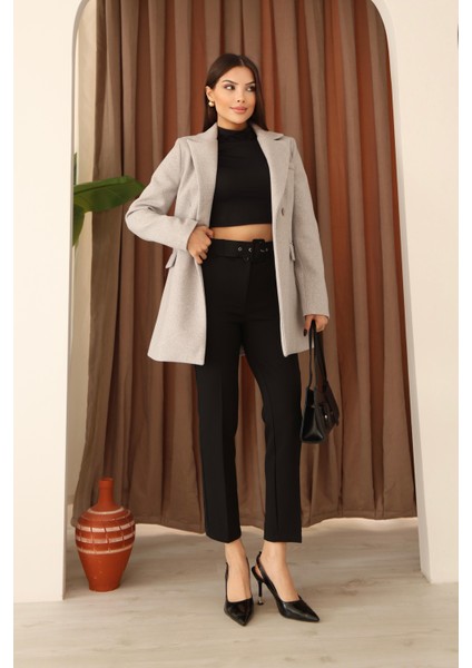 Kadın Gri Yandan Kemer Detaylı Kaşe Kaban modelleri