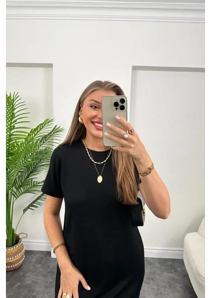 Kadın Kısa Kollu Yırtmaç Detaylı Salaş Viskon Elbise modelleri