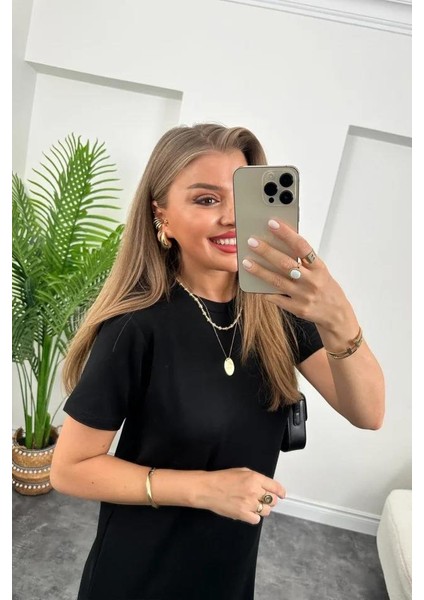 Kadın Kısa Kollu Yırtmaç Detaylı Salaş Viskon Elbise indirimleri