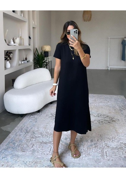 Kadın Kısa Kollu Yırtmaç Detaylı Salaş Viskon Elbise