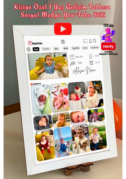 Kişiye Özel You-Tube Stil, 13 Fotoğraflı, 1 Yaş Gelişim Posteri – Kağıt & Metal & A4 Mdf Çerçeveli Seçenek