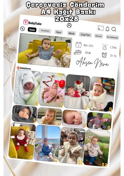 Kişiye Özel You-Tube Stil, 13 Fotoğraflı, 1 Yaş Gelişim Posteri – Kağıt & Metal & A4 Mdf Çerçeveli Seçenek modelleri