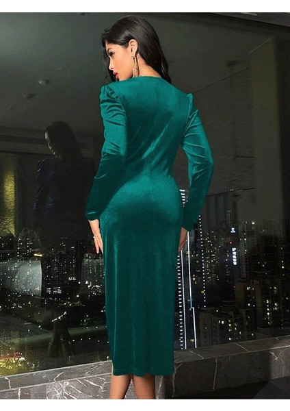 Kadın Uzun Kollu Kruvaze Yakalı Yandan Büzgülü Midi Kadife Elbise fırsatları