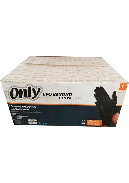 Only Evo Beyond Siyah Pudrasız Nitril Eldiven - Muayne Iş Eldiveni - Large - 100'LÜ 20 Paket