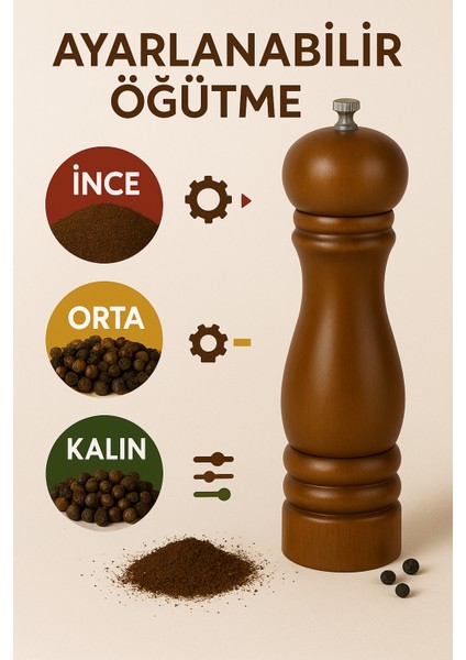 Viyana 30 cm Ahşap Karabiber Değirmeni – Paslanmaz Çelik Öğütme Mekanizmalı indirimleri