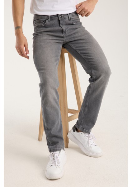 Erkek Pantolon Gri Regular Fit Fermuarlı Jeans
