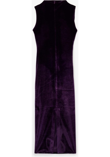 Yırtmaçlı Hafif Dik Yaka Drapeli Kolsuz Uzun Kadife Elbise fırsatları