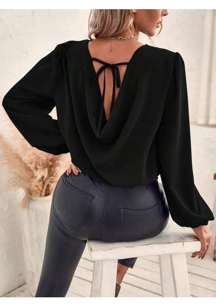Kadın Uzun Kollu Yuvarlak Yaka Arkadan Bağcıklı Salaş Ithal Krep Bluz fiyatları
