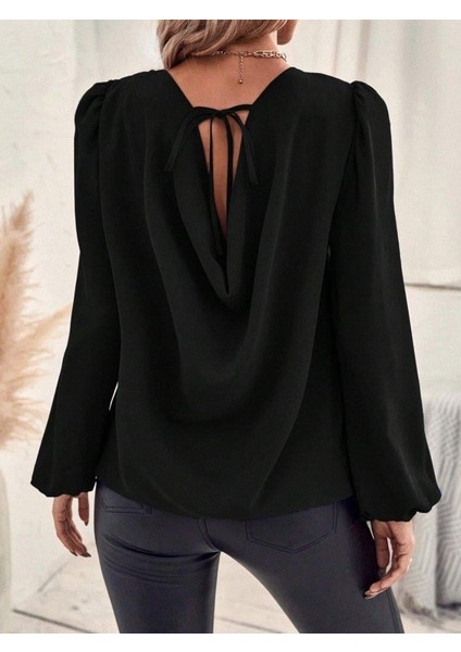 Kadın Uzun Kollu Yuvarlak Yaka Arkadan Bağcıklı Salaş Ithal Krep Bluz fırsatları