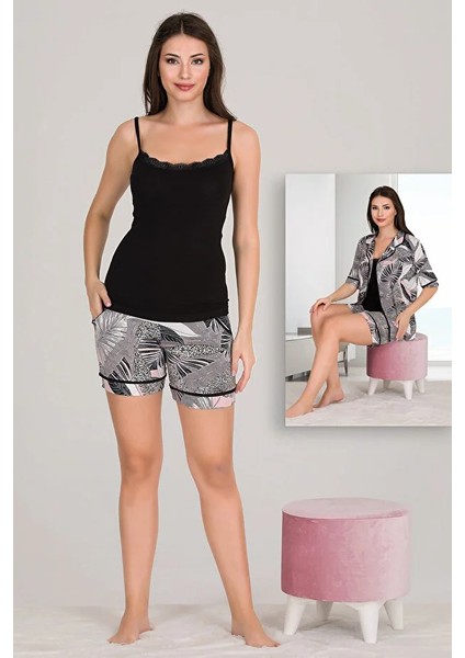 Lady Lingerie Desenli Viskon Kumaş Şortlu Kısa Kollu Gömlekli ve Askılı 3 Lü Pijama Takımı fiyatları