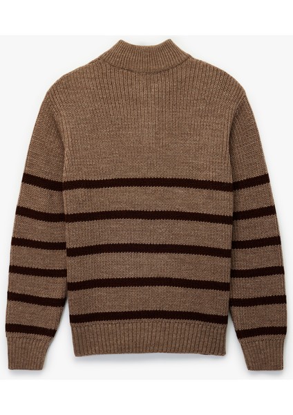 Uzun Kollu Çizgili Basic Yarım Fermuarlı Triko Kazak fiyatları