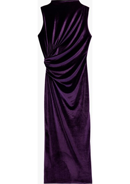 Yırtmaçlı Hafif Dik Yaka Drapeli Kolsuz Uzun Kadife Elbise modelleri