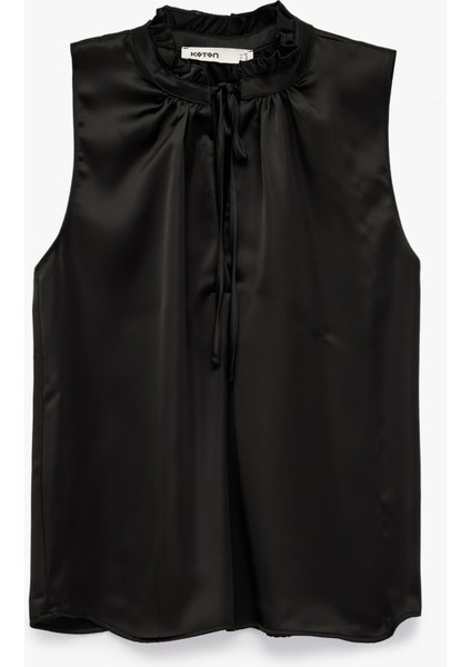 Bağlama Detaylı Dik Fırfırlı Yaka Kolsuz Gömlek