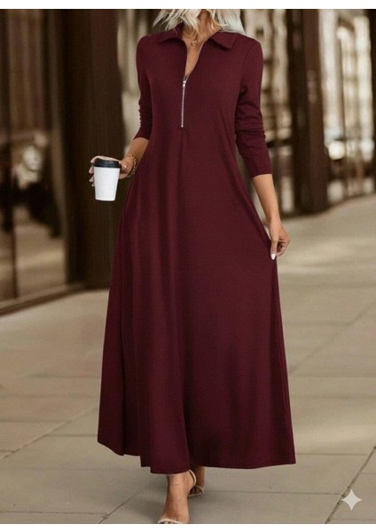 Kadın Uzun Kollu Yakalı Önden Fermuarlı Uzun Viskon Iki Iplik Elbise