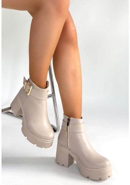 Pinma Bej Cilt Topuklu Bot