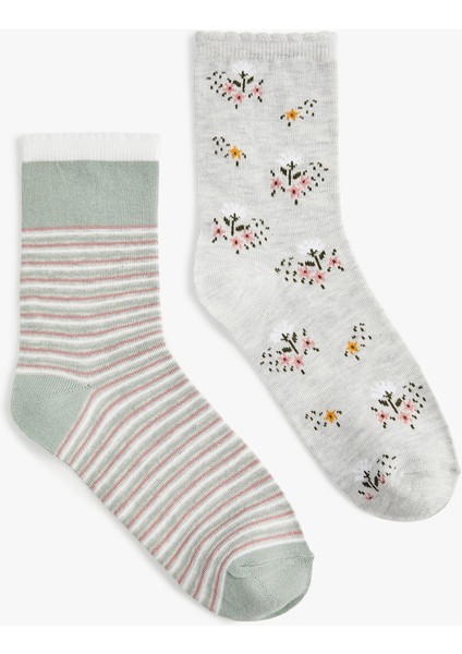 Çiçekli Çizgili 2'li Soket Çorap Seti