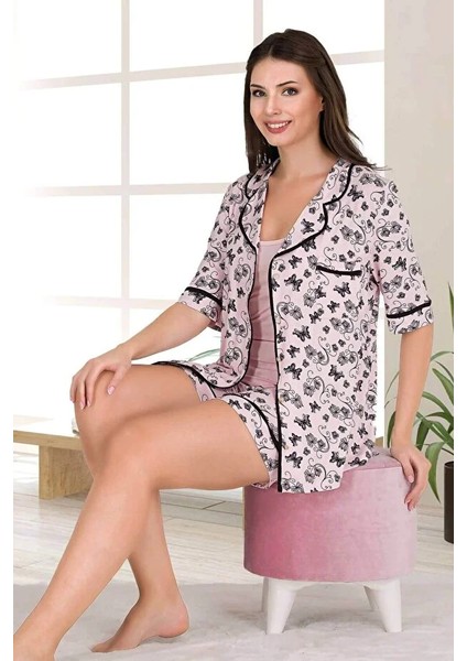 Lady Lingerie Şortlu Kısa Kollu Gömlekli ve Askılı 3 Lü Pijama Takımı