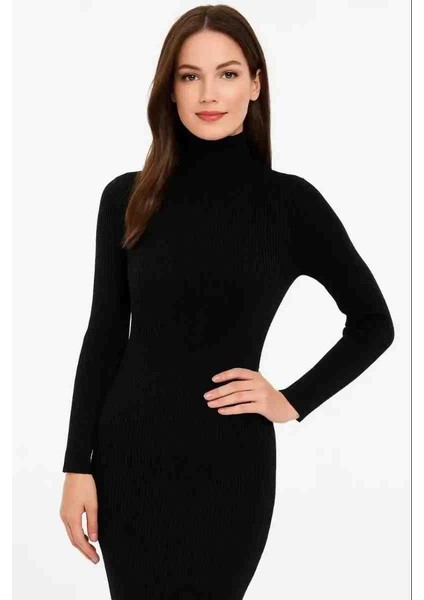 Kadın Boğazlı Triko Elbise – Uzun Fitilli Esnek Dokuma, Tam Kalıp, Kışlık & Baharlık Şık Rahat Stil, 130 cm Midi Boy Elbise - Siyah