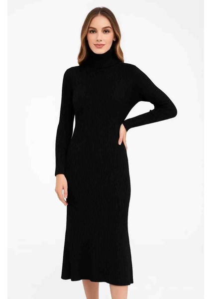 Kadın Boğazlı Triko Elbise – Uzun Fitilli Esnek Dokuma, Tam Kalıp, Kışlık & Baharlık Şık Rahat Stil, 130 cm Midi Boy Elbise - Siyah fiyatları