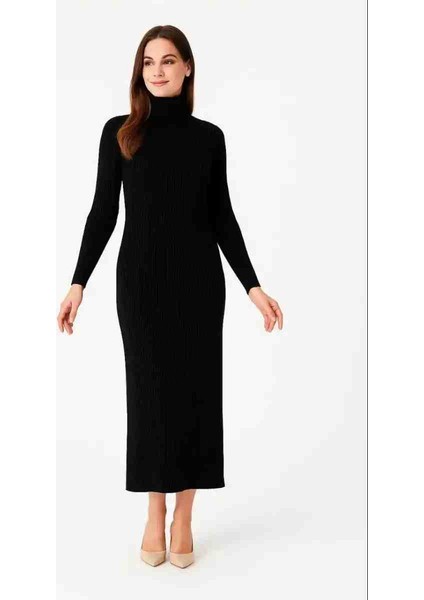 Kadın Boğazlı Triko Elbise – Uzun Fitilli Esnek Dokuma, Tam Kalıp, Kışlık & Baharlık Şık Rahat Stil, 130 cm Midi Boy Elbise - Siyah modelleri