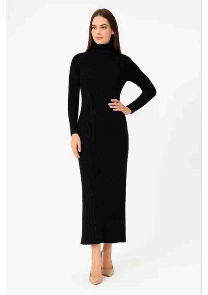 Kadın Boğazlı Triko Elbise – Uzun Fitilli Esnek Dokuma, Tam Kalıp, Kışlık & Baharlık Şık Rahat Stil, 130 cm Midi Boy Elbise - Siyah fırsatları