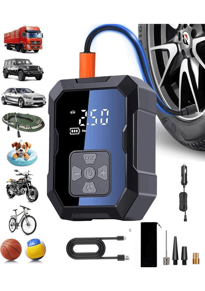 Akıllı Taşınabilir Şarjlı Hava Kompresörü | 4000MAH Güçlü Bataryalı Kablosuz Oto Lastik Şişirme Pompası | 150PSI Basınç