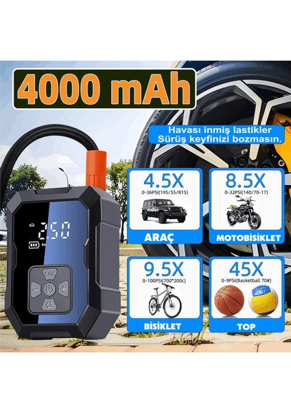 Akıllı Taşınabilir Şarjlı Hava Kompresörü | 4000MAH Güçlü Bataryalı Kablosuz Oto Lastik Şişirme Pompası | 150PSI Basınç fiyatları