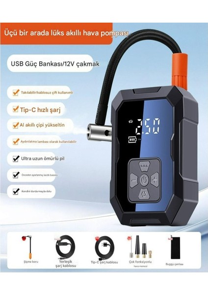 Akıllı Taşınabilir Şarjlı Hava Kompresörü | 4000MAH Güçlü Bataryalı Kablosuz Oto Lastik Şişirme Pompası | 150PSI Basınç indirimleri