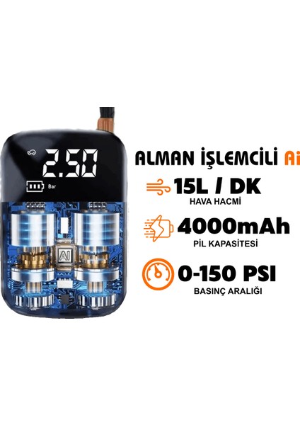 Akıllı Taşınabilir Şarjlı Hava Kompresörü | 4000MAH Güçlü Bataryalı Kablosuz Oto Lastik Şişirme Pompası | 150PSI Basınç