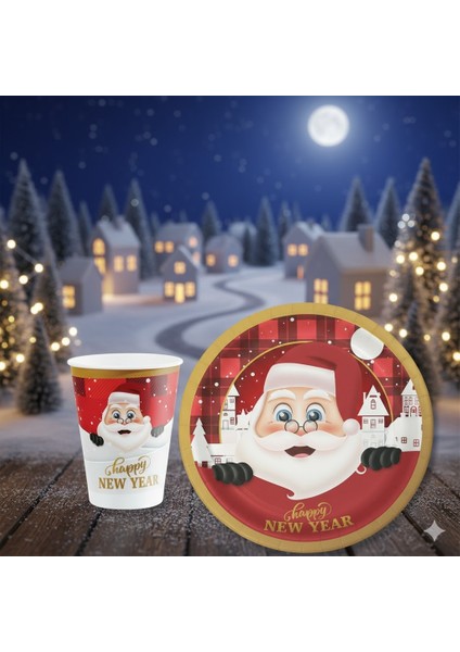 Yılbaşı Noel Baba Temalı Tabak Bardak Set 8 Li