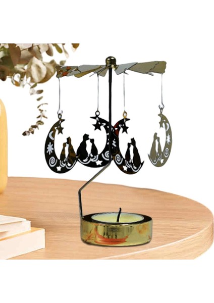 Altın Renkli Dönen Metal Mumluk Kedi ve Ay Figürlü Tasarımlı