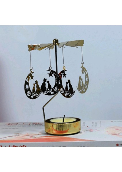 Altın Renkli Dönen Metal Mumluk Kedi ve Ay Figürlü Tasarımlı indirimleri