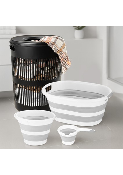 4'lü Set - 60 Lt Solara Kirli Sepeti Siyah, Katlanabilir Silikon Çamaşır Sepeti, Su Kovası, Maşrapa