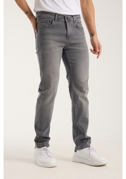 Erkek Pantolon Gri Regular Fit Fermuarlı Jeans