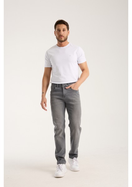 Erkek Pantolon Gri Regular Fit Fermuarlı Jeans