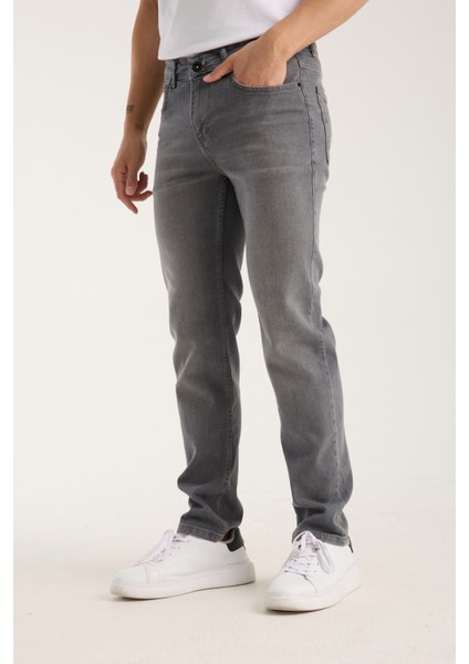 Erkek Pantolon Gri Regular Fit Fermuarlı Jeans