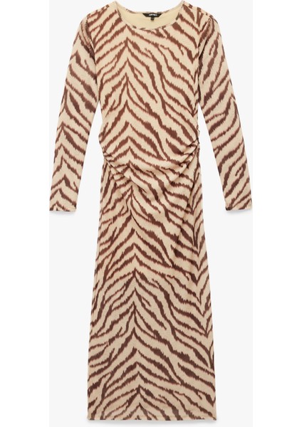 Slim Fit Yırtmaçlı Uzun Kollu Bisiklet Yaka Zebra Desenli Drapeli Elbise