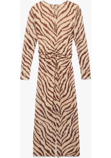 Slim Fit Yırtmaçlı Uzun Kollu Bisiklet Yaka Zebra Desenli Drapeli Elbise fiyatları