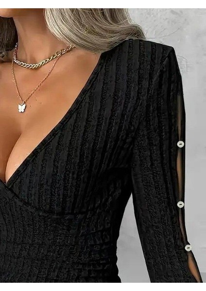 Kadın Uzun Kollu Kruvaze Yakalı Incili Şardonlu Kaşkorse Bluz modelleri