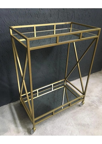 Metal Bar Servis Arabası, Gold Servis ve Sunum Arabası, Ayna Raflı Servis Arabası