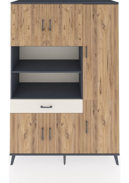 Hyperion Dolap 10 Raflı Tek Çekmeceli 6 Kapaklı 132X44X195 Antrasit-Çam/aytaşı