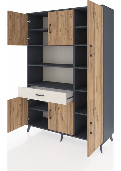 Hyperion Dolap 10 Raflı Tek Çekmeceli 6 Kapaklı 132X44X195 Antrasit-Çam/aytaşı modelleri