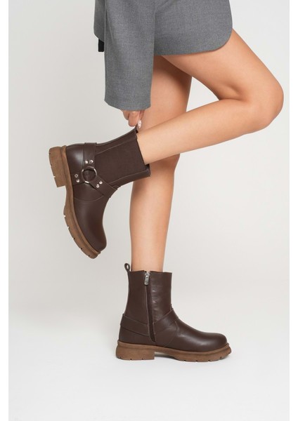 Kadın Hakiki Deri Metal Aksesuarlı Bot - Kahve fiyatları