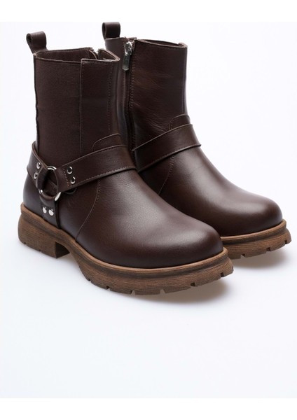 Kadın Hakiki Deri Metal Aksesuarlı Bot - Kahve fırsatları