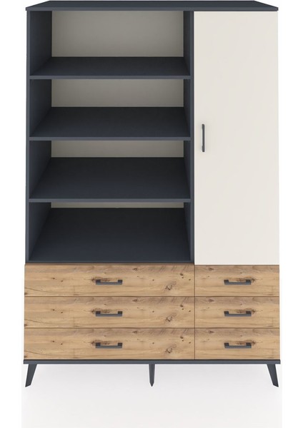 Kronos Dolap 8 Raflı 6 Çekmeceli Tek Kapaklı 132X59X195 Antrasit-Aytaşı/çam