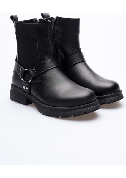 Kadın Hakiki Deri Metal Aksesuarlı Bot - Siyah fırsatları