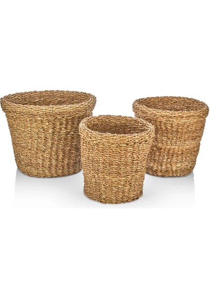 Dekoratif Yuvarlak Hasır Düzenleyici Sepet Saksılık 3 Lü CL-12011